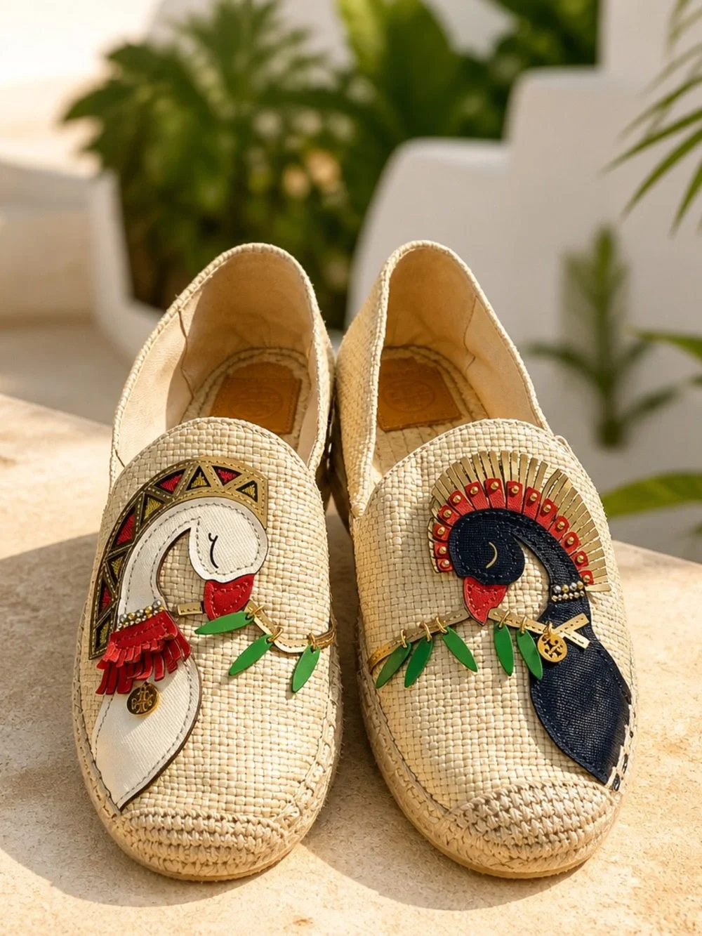 Tory Burch Natural Raffia Espadrille Loafers with Colorful Parrot Appliqués Sz10